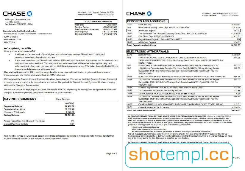 Chase Bank Statement PDF Template